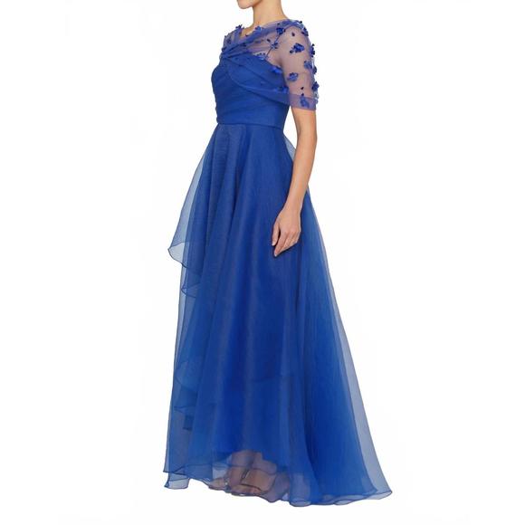 NEW THEIA atlas shawl draped gown in sapphire - Picture 3 of 4